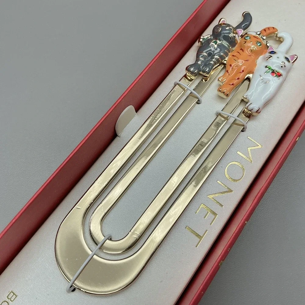 Monet Bookmark Cat Trio Enamel Charms Gold Tone‎ Metal With Gift Box Women